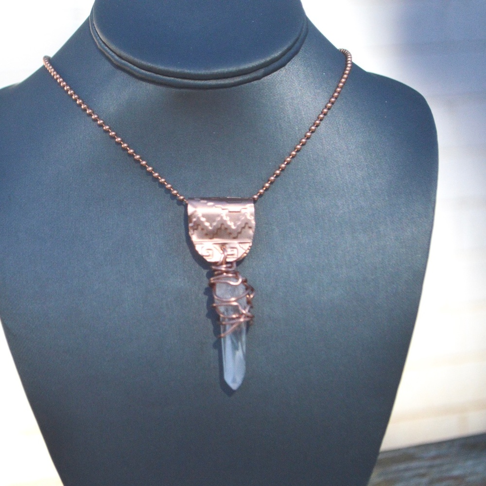 Lemurian Quartz Crystal Copper Choker Pendant Handmade Rustic Wire Wrapped - Picture 6 of 16